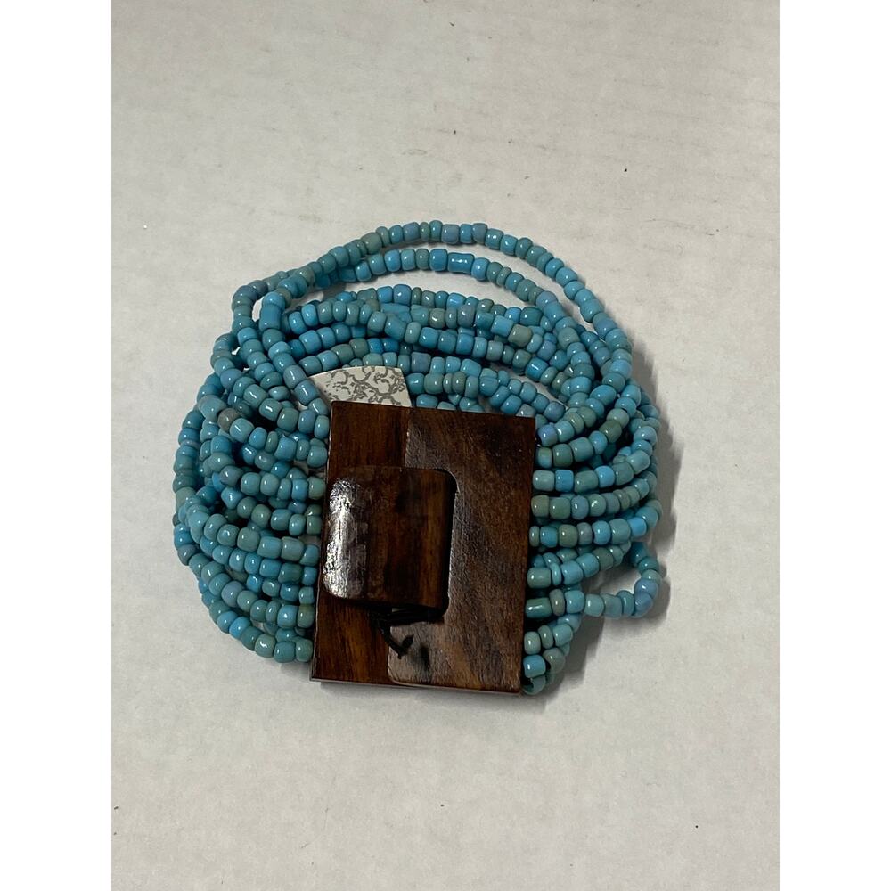 World Market Blue Beaded Wood Clasp Bracelet Boho Statement Pre Owned